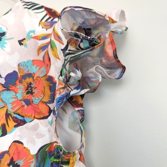 Mango Tropical Print Ruffle Cap Sleeve Cotton Top Ruched Side (Mango 6 = US S) - Picture 6 of 8